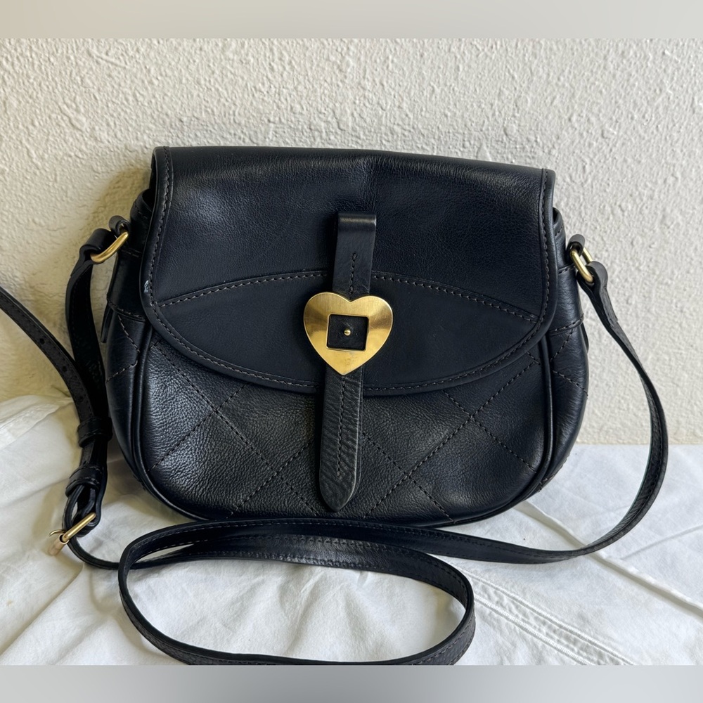 Dooney Burke Black Leather Saddlebag Gold Brass Heart Crossbody Bag Purse